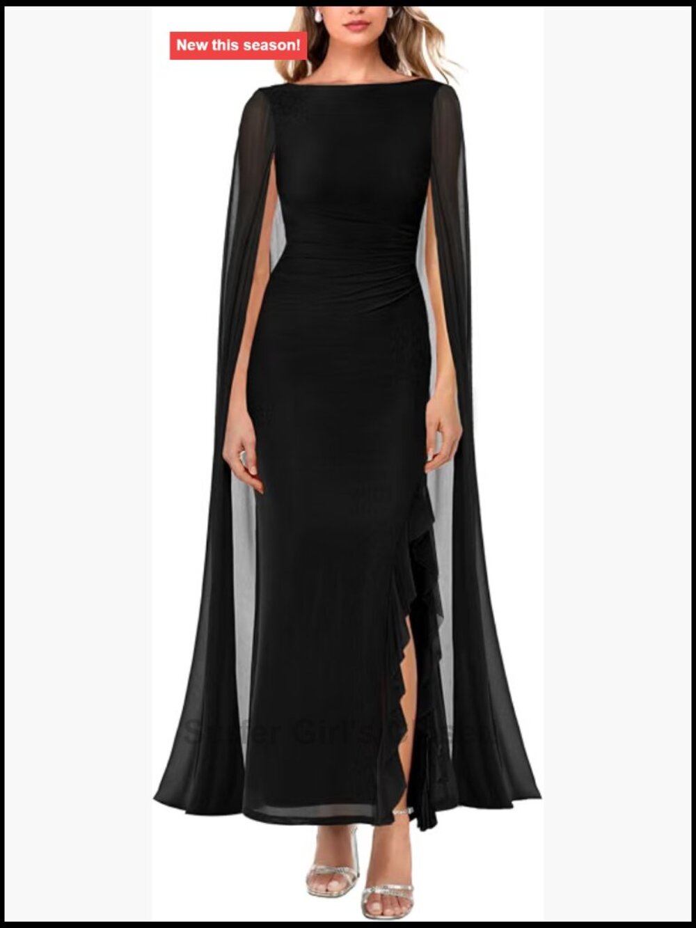 Long Sleeve Bodycon Ruched Maxi Dress with Cape High Split Mesh Formal Evening